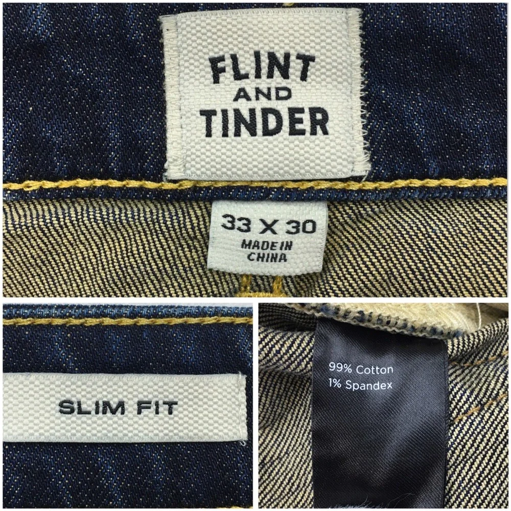 Flint and Tinder Slim Fit Selvedge Jeans Mens 33x30 Dark Indigo Denim Pants